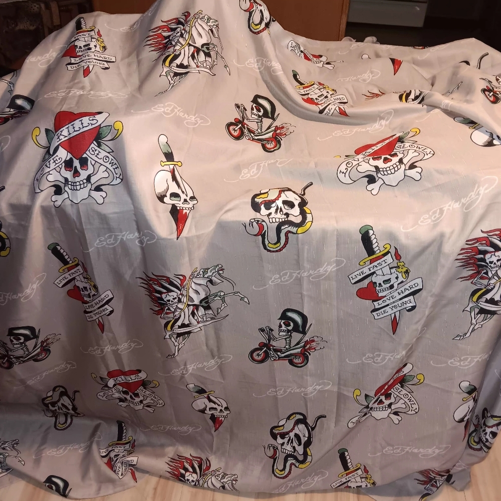 Ed Hardy Light Gray Tattoo-Print Shower Curtain with Red, Yellow & Black Accents